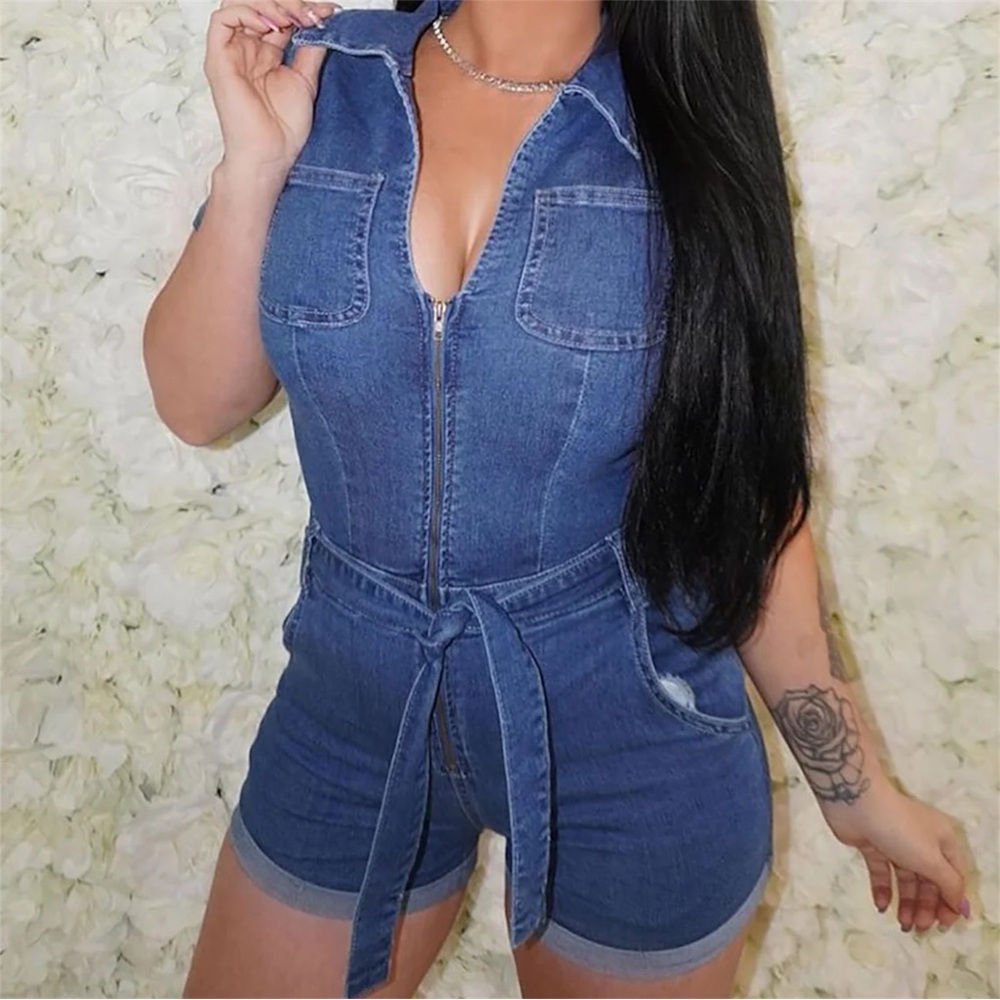 Fashion Nova Blue Denim Zip-Front Romper M/L